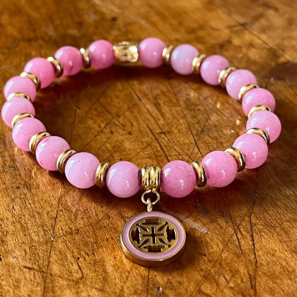 Rustic Cuff  Natural Pink Stones Beads Logo Stretch Bracelet - Picture 2 of 2